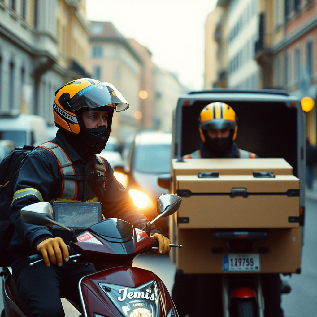 squadra di operatori che trasporta mobili in modo professionale, ambientazione urbana, adatta a un servizio di traslochi a Roma, stile fotografico